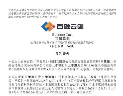 去年下半年亏损超亿元百融云创2025年净利预降七成(图1)